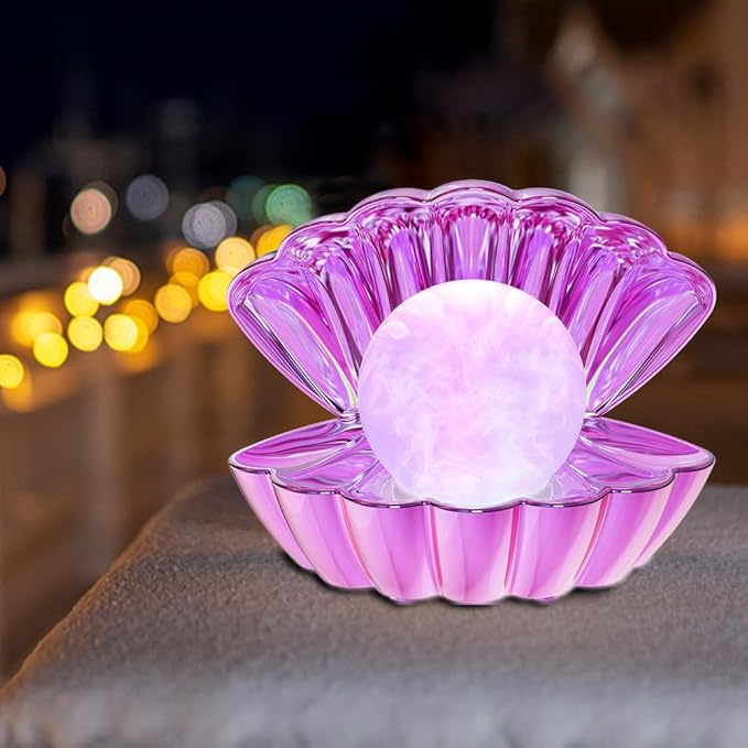 Shell Pearl Beach Themed Night Light, RGB 8 Colors Changing Mood Shell Pearl Lamps, Bedside LED Clamshell Portable Night Lights for Bar (Electroplating Purple)