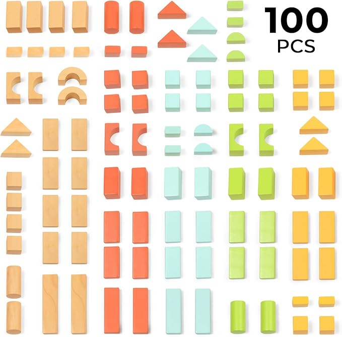 100pcs Wooden Blocks for Toddlers 1-3, Building Blocks for Toddlers 1-3, Wooden Block for Baby Shower with Storage Bucket, Montessori Toys for Preschool Girls and Boys
