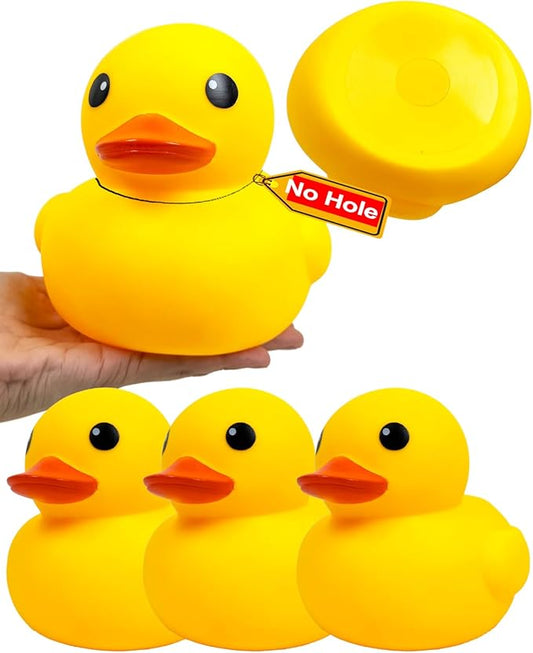 4 Pcs Big Rubber Yellow Duck,Kalafona 7 Inch Giant Large Waterproof No 'Bebe' Noise No Hole No Squeak Rubber Funny Duck Bath Pool Toy Without Hole for Kids Birthday Party Favor Home Decor