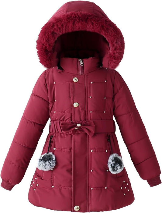 Girls Winter Dress Coats Faux Fur Hooded Fleece Jackets Waterproof Parka Outwear