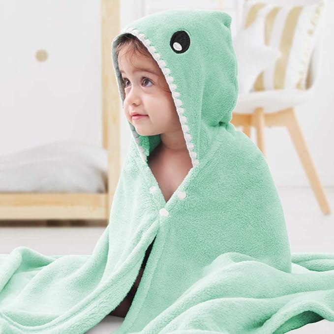 ROMASA Toddler Hooded Bath Towel Ultra Soft Towel Highly Absorbent Bathrobe Blanket for Boys Girls- 27.5" x 55"(Green Shark-Shape)