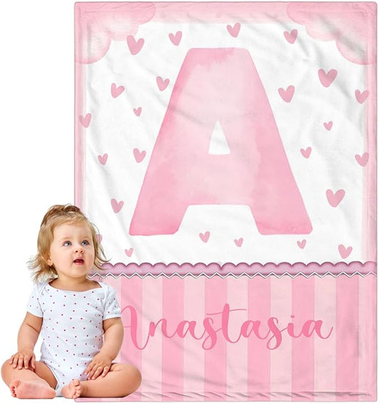 Personalized Baby Blanket for Girls, Custom Baby Blanket with Name, Soft Cozy Personalized Name Blankets for Kids, Customized Letters Blanket for Infant Toddler Birthday Christmas