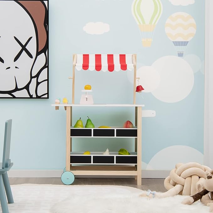 HONEY JOY Kids Ice Cream Cart, Wooden Grocery Store Playset w/6 Pieces Play Food, Realistic Bell & Food Scale, Chalkboard, Pretend Play Dessert Shop Counter Stand Truck, Gift for Boys Girls