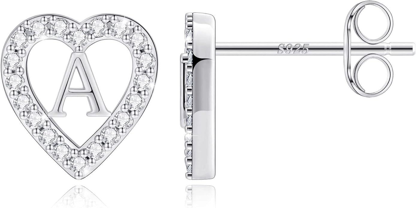 Anoup Christmas Gifts for Grandkids Girls Earrings - S925 Sterling Silver Post CZ Hypoallergenic Stud Heart Initial Earrings for Women Kids Jewelry Stocking Stuffers for Teen Girls Birthday Gifts