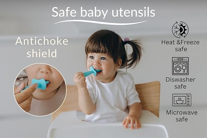 Growing Love Baby Spoons Set, Self Feeding 6 months, Pre-Spoon, Baby utensils, training spoon, cuchara bebe, blw, 100% silicone, Anti choke shield (vanilla)