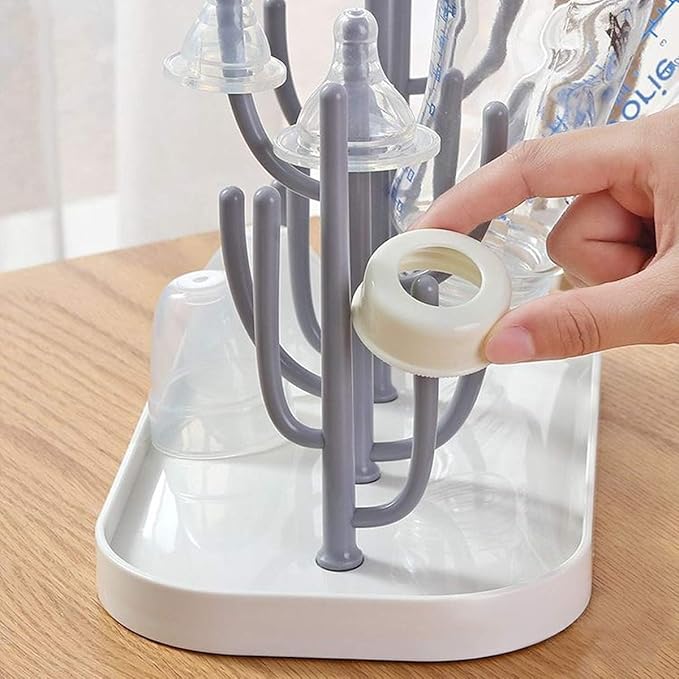 Baby Bottle Drying Rack with Base, Creative Tree Branch Baby Bottle Dryer Holder for Bottles, Teats, Cups, Pump Parts and Accessories (Gray)