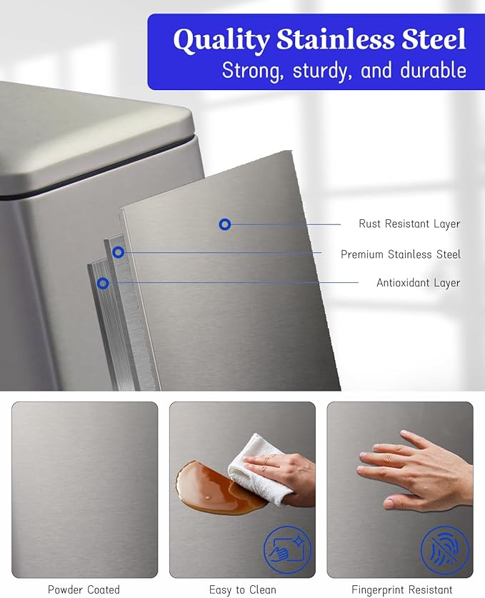 Trash Can, 2.6 Gallon Bathroom Trash Can with Lid, Stainless Steel Garbage Can with Removable Liner, 10 Liter Rectangle Step Trash Bin for Office, Bedroom, Living Room, Dorm, Kohler Grey