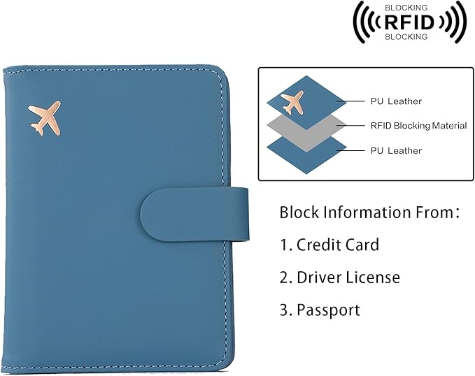 Melsbrinna Unisex-Adults RFID Blocking Travel Passport Cover/Case, Cute Passport Wallet with 10 Compartments, Black Blue