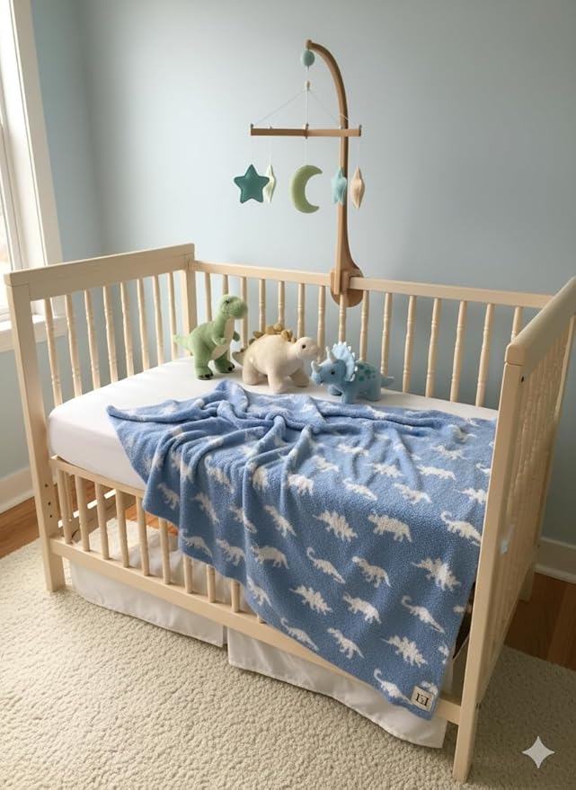 Dinosaur Baby Blanket 28"x40" - DreamSoft Knit Throw for Crib, Stroller or Car Seat - Soft Receiving Blanket/Newborn Nursery Gift Essential for Toddler, Infant, Kids, Boys & Girls (Baby Blue/White)