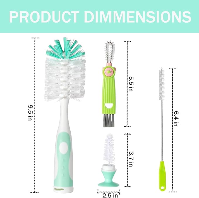 Baby Bottle Brush Set 4 in 1, Baby Bottle Cleaner, with 1P Nylon Bottle Brush, 1P Bottle Cap Brushes, 2P Straw Brushes, Bottle Brush with Nipple Cleaner and Suction Cup, BPA-Free(Green)