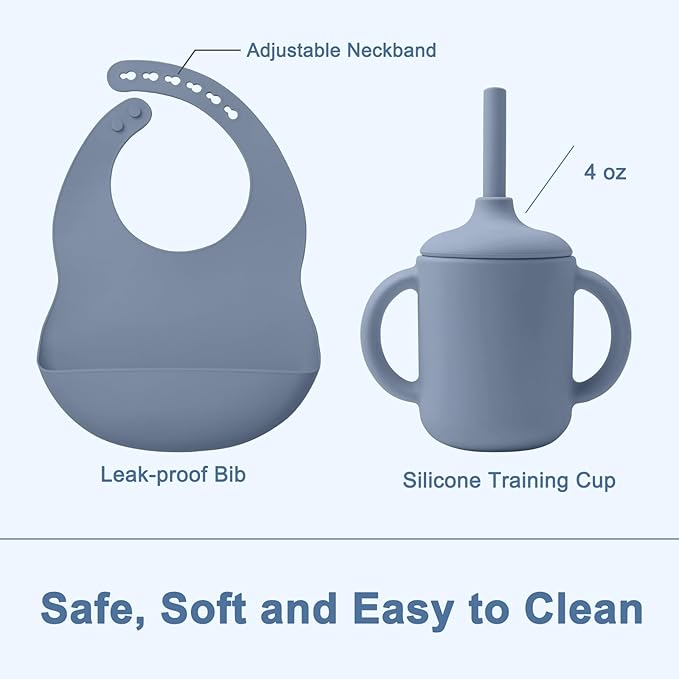 LITTLE RAWR Silicone Baby Feeding Set 14 Pcs,Baby Led Weaning Supplies, Baby Spoons Suction Bowl Divided Plate Bib Cup Finger Brush,First Stage Solid Food Eating Utensils - 6+ Months(Blue Gray)