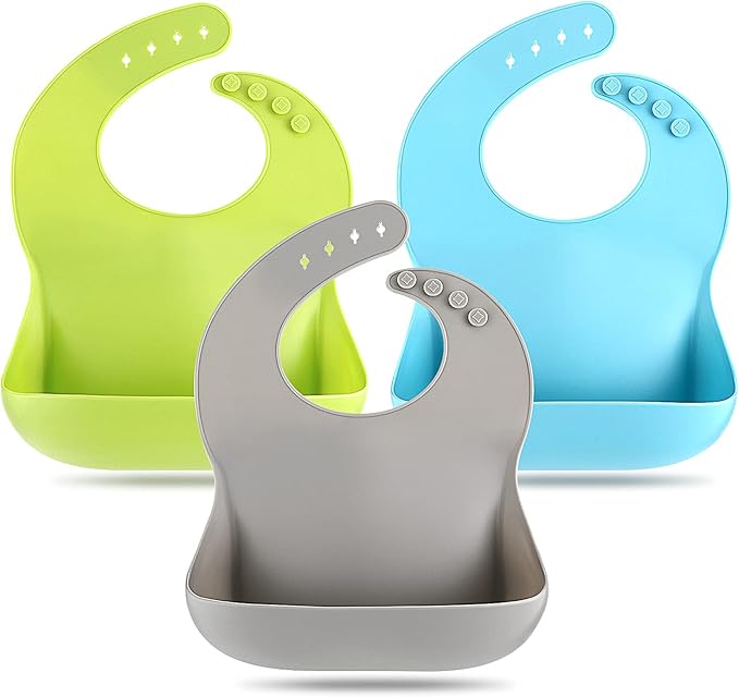 Silicone Bibs for Babies Toddler Set of 3, BPA Free, Soft Adjustable Waterproof Bibs for Feeding Essentials