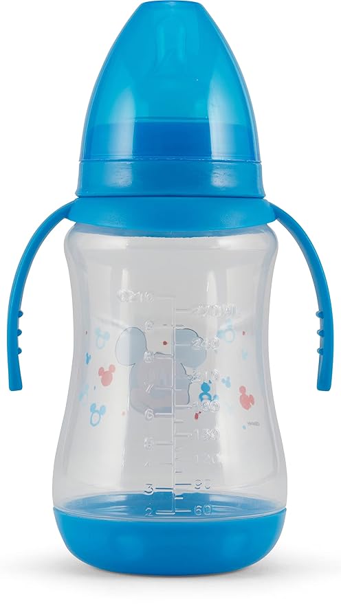 Disney 2 Pack 10 Ounce Baby Bottles with Character Prints and Colored Covers with Double Handle - BPA Free and Easy to Clean