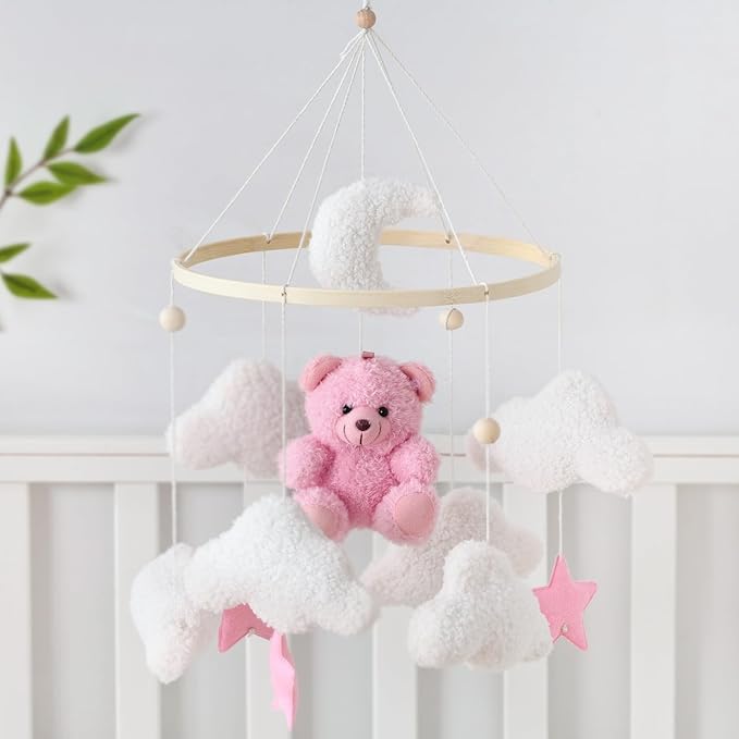Baby Mobile for Crib Bear Cloud Crib Mobile Handmade Furry Nursery Mobile Gender Neutral Crib Toy Hanging for Nursery Decor Accessories