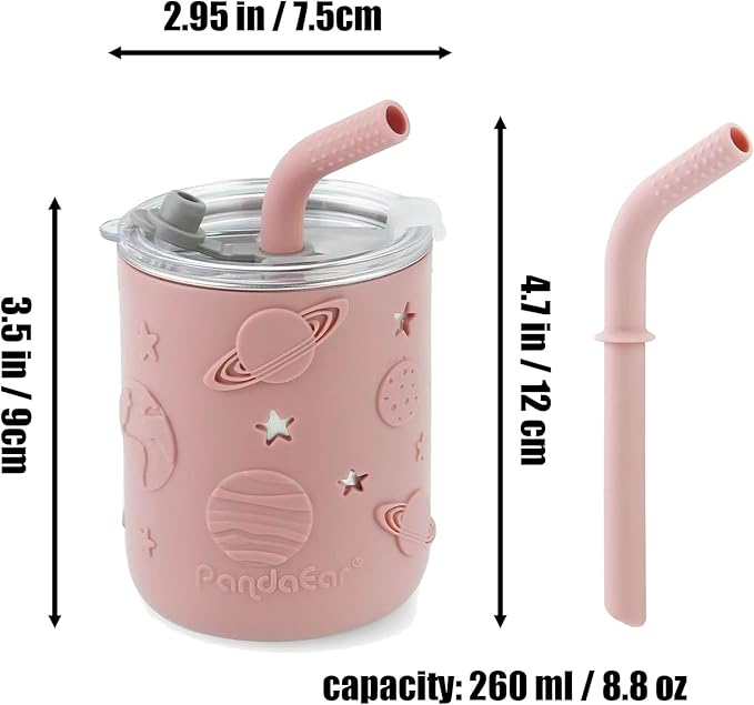 PandaEar Stainless Steel Baby Feeding Set | 2 Divided Suction Plates, 2 Spill-Proof Straw Cups with Silicone Sleeves, 2 Forks & 2 Spoons | Toddler Utensils for Baby Led Weaning, BPA-Free