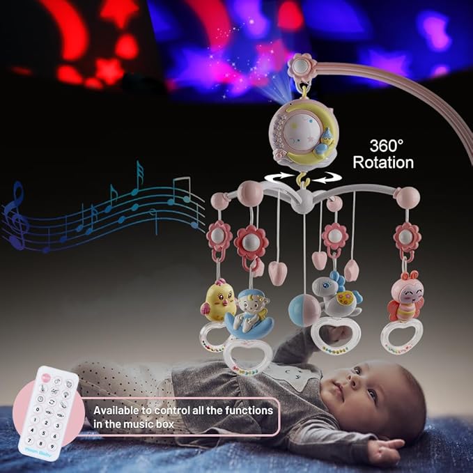 Baby Musical Crib Mobile with Timing Function Projector and Lights,Hanging Rotating Rattles and Remote Control Music Box with 150 Melodies,Crib Toy for Newborn 0-24 Months