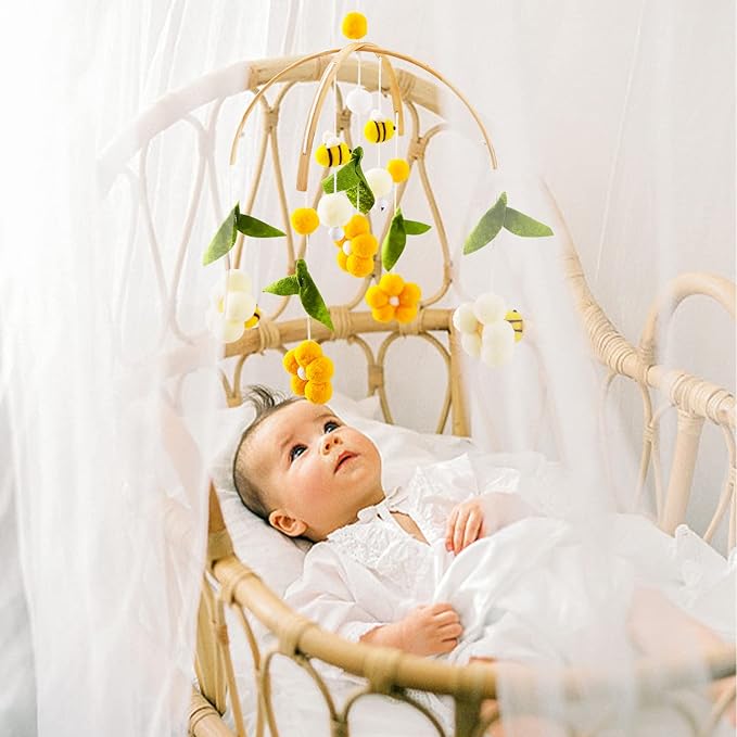 OESSUF Baby Mobile for Crib Crib Nursery Mobile for Boys Girls Boho Bee Flower Nursery Decor Soothe Toy Baby Shower Set for Infant Bedroom Hanging Decoration Toy(Bee)