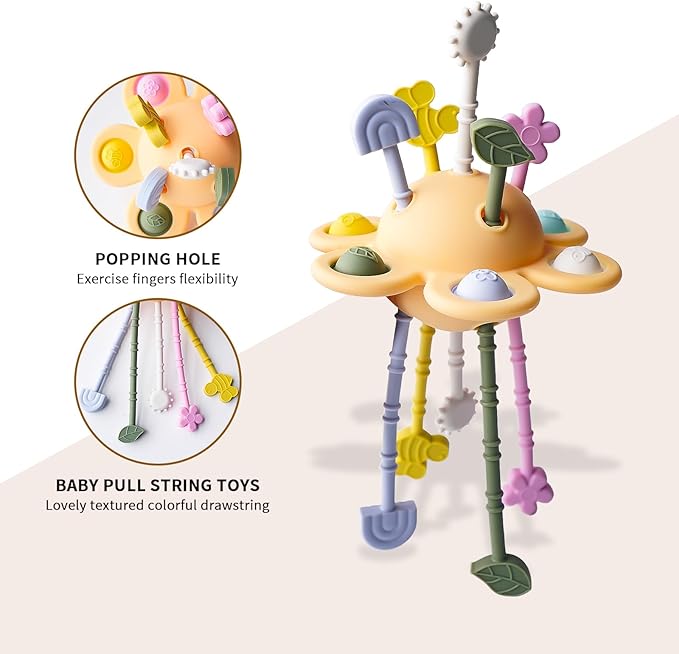 Food Grade Silicone Pull String Baby Toy, Montessori Pull String Sensory Toy for 6-12-18 Months Babies Teething Toys,Toddler Fidget Toys Birthday Gift for Infant/Toddler(Yellow)