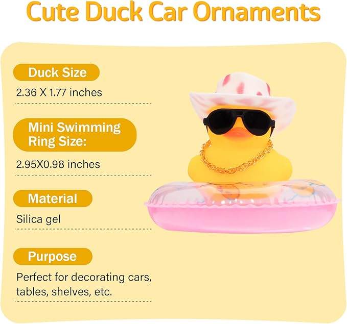 wonuu Car Rubber Duck, Yellow Duck Decoration Dashboard with Sun Hat Swim Ring Necklace Sunglasses for Car Dashboard Decorations, Pink White Cowboy hat-Pink