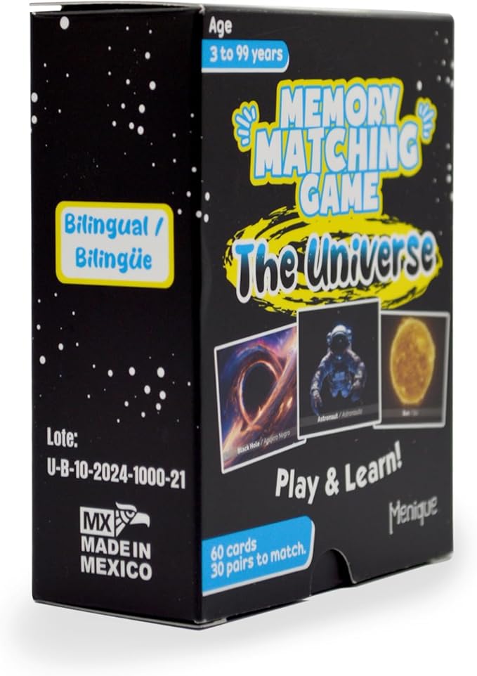 Menique Universe Memory Matching Game – 60 Cards (30 Pairs) – Bilingual Space Game with Planets, Stars & More – Educational for Kids and Adults