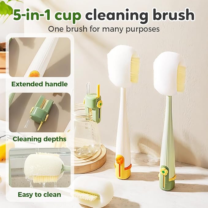 5 in 1 Bottle Cleaning Brush, Multifunctional Water Bottles Cleaner Brushs Portable Bottle and Lid Cleaning Brush Tool, Straw Cleaner Brushs for Baby Bottles Tumblers Glass Cups (2, White)