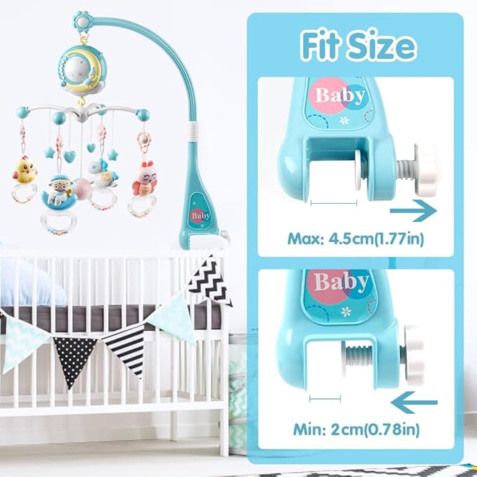 Baby Musical Crib Mobile with Timing Function Projector Lights,Stand-Along Rattles and 150 Melodies Music Box with Remote Control for Newborn 0-24 Months