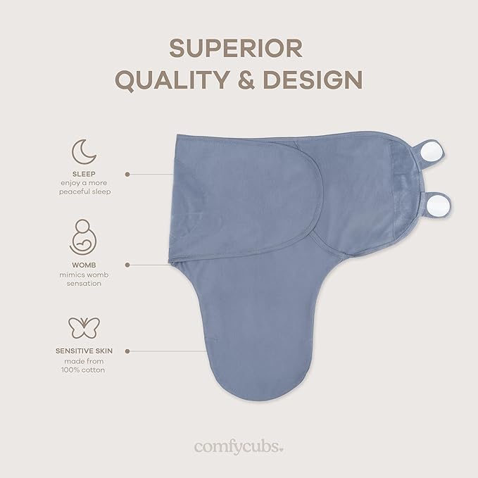 Comfy Cubs Easy Swaddle Blanket, 3 Pack - 100% Cotton Newborn Wrap, Large for 3-6 Months Infants, with Adjustable Velcro, Breathable and Durable Sleep Sack for Babies - Stone, Nomadic Blue & Azul