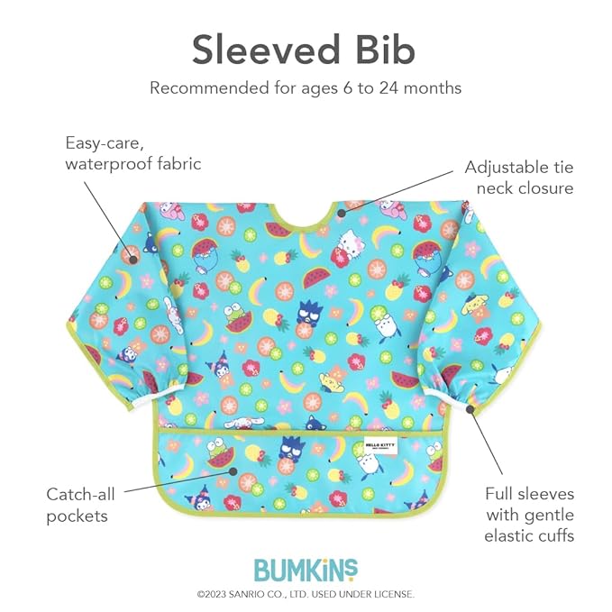 Bumkins Sleeved Bib for Girl or Boy, Baby and Toddler for 6-24 Mos, Essential Must Have for Eating, Feeding, Baby Led Weaning Supplies, Long Sleeve Mess Saving Food Catcher, Hello Kitty and Friends