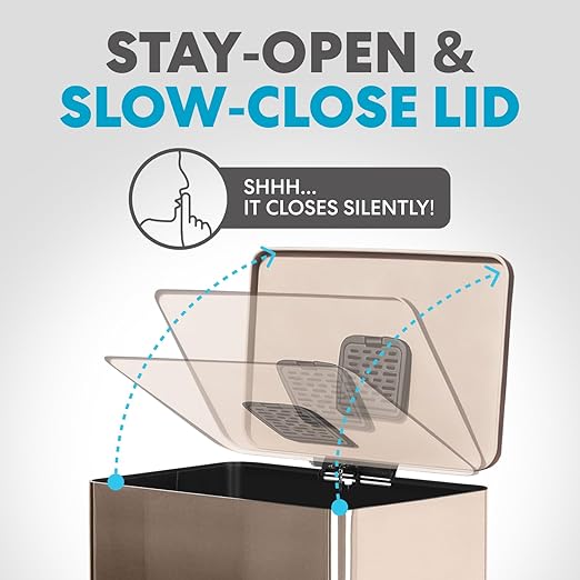 SIMPLI-MAGIC 13.2 Gallon (50L) Step Trash Can – Kitchen Garbage Can with Slow-Close Lid – Odor Control, Hands-Free, Easy to Clean, Brushed Stainless Steel (Rose Gold)