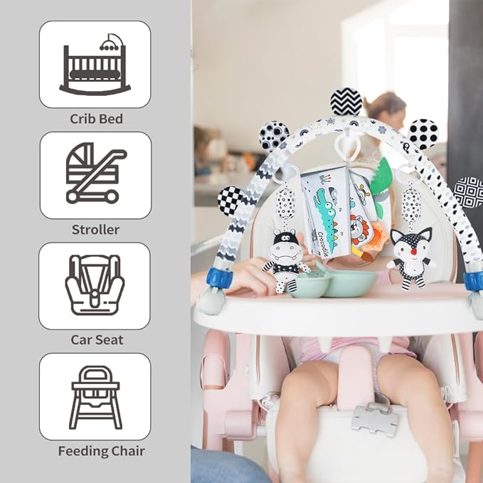 Caterbee Baby Activity Travel Mobile Arch Bassinet Toy, Black and White High-Contrast Bouncer Toy bar, Crib Toys with Hanging Animals, Stroller Attachment(Farm)