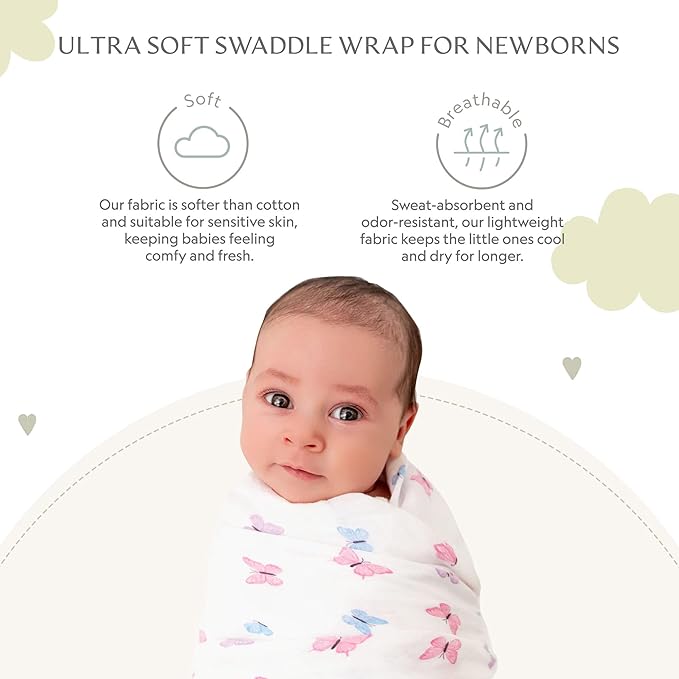 Muslin Baby Swaddle - Breathable Receiving Blankets for Newborn Baby, 70% Viscose derived from Bamboo, 30% Spandex, Imported