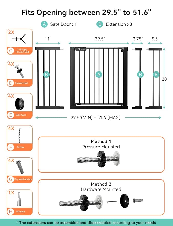 COMOMY 30" Tall Baby Gate for Stairs Doorways, Fits Openings 29.5" to 51.6" Wide, Auto Close Extra Wide Dog Gate for House, Pressure Mounted Easy Walk Through Pet Gate with Door, Black