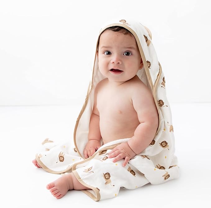 Bamboo Viscose Baby Hooded Towel & Washcloth Set for Babies and Toddlers, Soft & Absorbent, 70% Viscose from Bamboo, 30% Cotton Muslin - Imported (Lion)