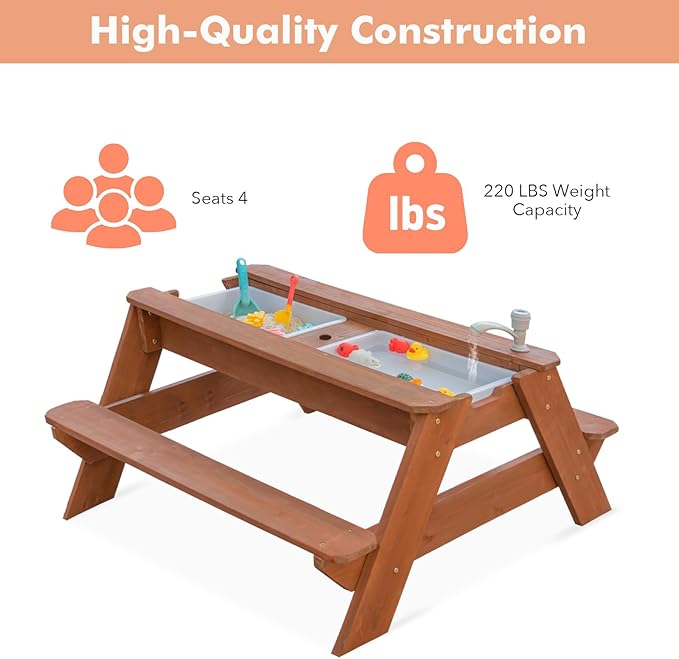 Kids 3-in-1 Sand & Water Activity Table, Wood Outdoor Convertible Picnic Table, 2 Play Boxes, Removable Top with Faucet, Picnic for Outdoor Backyard Patio Play (Brown/Navy)