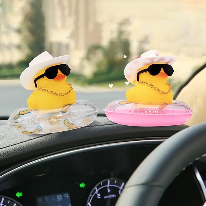 wonuu Car Rubber Duck, Yellow Duck Decoration Dashboard with Sun Hat Swim Ring Necklace Sunglasses for Car Dashboard Decorations, Pink White Cowboy hat-Pink
