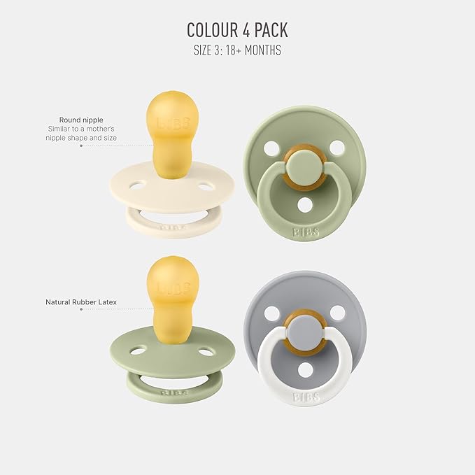 BIBS Colour Soother 4-Pack | BPA Free Dummy Pacifier | Round Nipple | Natural Rubber Latex | Made in Denmark | Size 18-36 Months | Sage Glow Mix