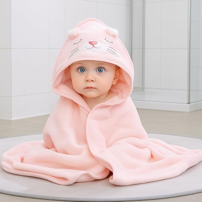 Hooded Baby Bath Towel Set (2 Pack) – Soft & Absorbent Pink & White Animal Design | Plush Newborn & Toddler Bath Wraps (Pink & White)