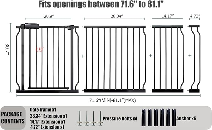 Heavy Duty Baby & Pet Safety Gate - Extra Wide 76.4-81.1 Inch, Black Metal, Pressure Mounted, Walk-Through