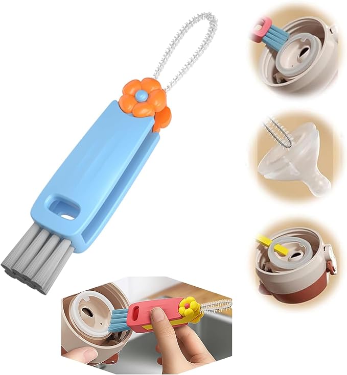 Mini Bottle Brush- Deep Clean Bottle Necks, Straws & Cup Lids, 3-in-1 Tight Space Scrubber for Water Bottles, Travel Mugs, Home Kitchen&Office. Dishwasher Safe(Blue)