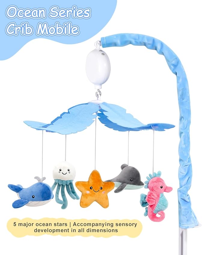 FEISIKE Baby Crib Mobile with 35 Lullabies, 3 Modes Rotation & Music, Adjustable Volume, Nursery Decor for Boys and Girls (Ocean Theme)
