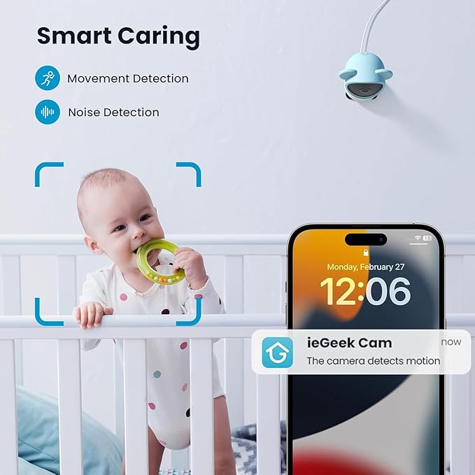 ieGeek 1080p Baby Monitor with Night Vision, 5" LCD Screen&Phone App Control, PTZ, 3000mAh Battery, Automatic Tracking, Cry&Motion Detection, Feeding Reminder, 2 Way Audio, Baby Gift