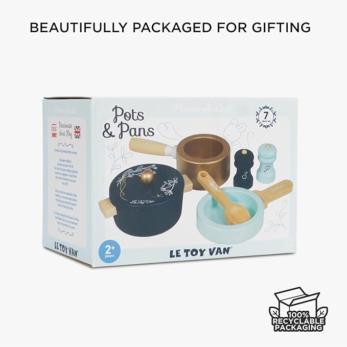 Le Toy Van - Educational Wooden Pretend Kitchen Honeybake Pots and Pans Cooking Set Play Toy | Kids Role Play Toy Kitchen Accessories (TV301)