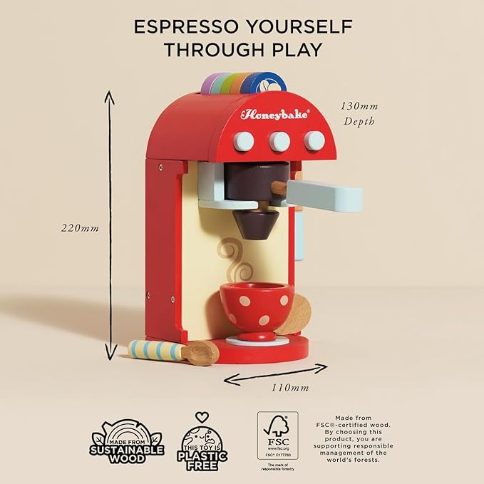 Le Toy Van - Honeybake Premium Wooden Cafe Machine Set - Pretend Kitchen and Cafe Play Toy Set | Kids Role Play Toy Kitchen Accessories (TV299), Small