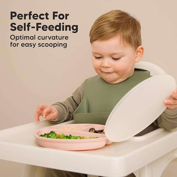 KeaBabies Suction Plates with Lids for Baby - 3-Pack 100% Silicone Toddler Plates with Suction, Divided, BPA-Free Baby Led Weaning Essentials for Kids, Dishwasher, Microwave Safe, Durable (Mellow)