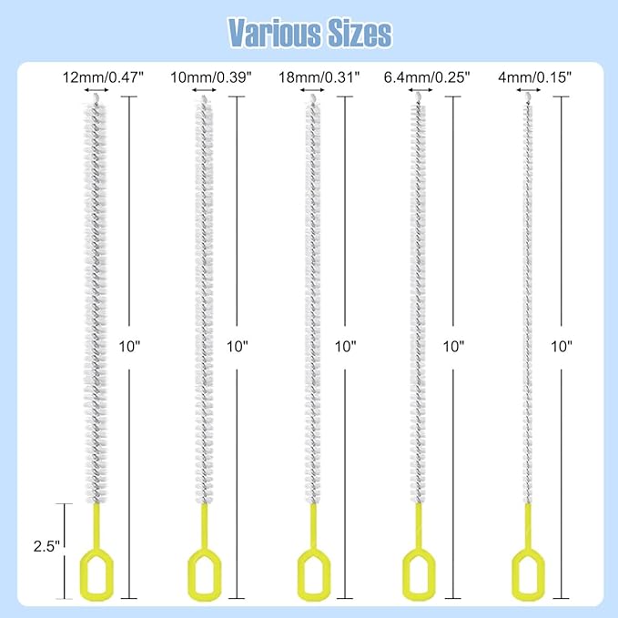 Straw Cleaner Brush Set – 10 Inch, 5 Sizes (4–12mm) Nylon Bristles – Heavy-Duty, Non-Scratch, Easy-Grip Handle – for Reusable Straws, Baby Bottles, Sippy Cups & Pipes
