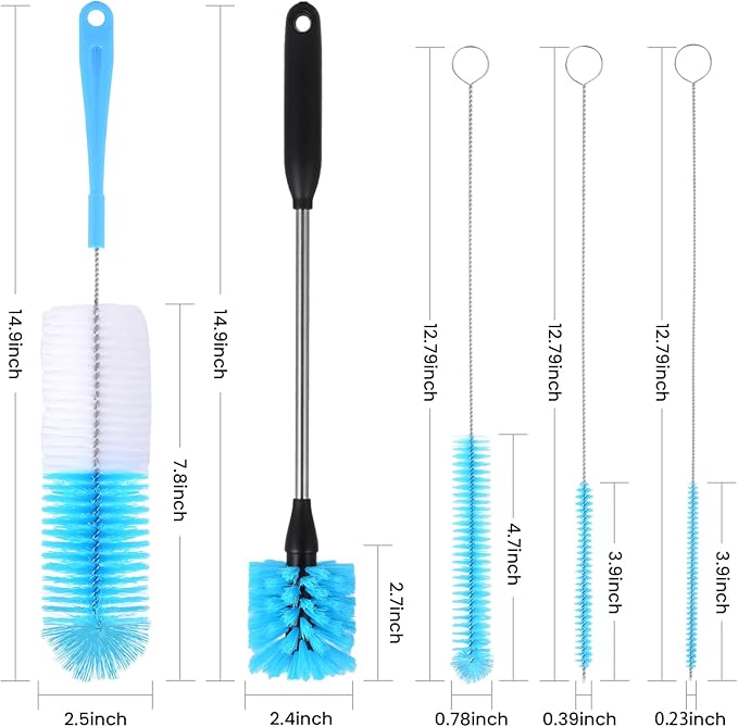 5 Pack Bottle Cleaner Brush, Straw Cleaner Brush & Long Handle - Water Bottle Brush for Narrow Bottles, Baby Bottles, Mugs, Flasks, Wine Decanters, Coffee Cups - Includes 3 Straw Cleaners