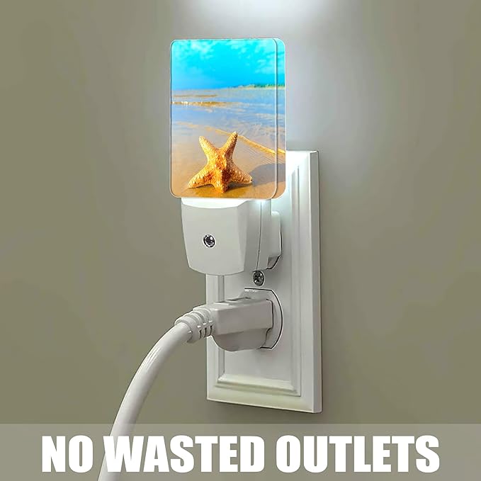 Yellow Starfish on Beach Night Light, Dusk to Dawn Smart Sensor Nightlight for Bedroom Bathroom Kitchen Hallway Stairs Hallway, Plug-in, Energy Efficient Decor Desk Lamp Gifts