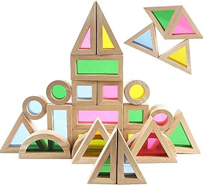 Agirlgle Wood Building Blocks Set for Kids 24 Pcs Rainbow Stacker Stacking Game Construction Toys Set Preschool Colorful Learning Educational Toys - Geometry Wooden Blocks for Boys & Girls
