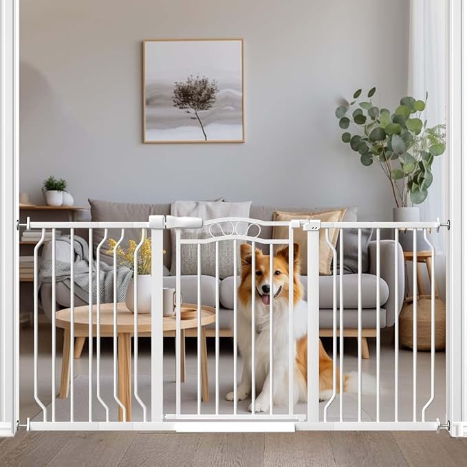 Fairy Baby 53.1"-62.5" Extra Wide Baby Gate for Stairs, Pressure-Mounted Standard Tall Dog Gates for Doorways & Kitchen, Auto-Close Walk-Through Metal Pet Gate, Safety Child Proof Safety, White