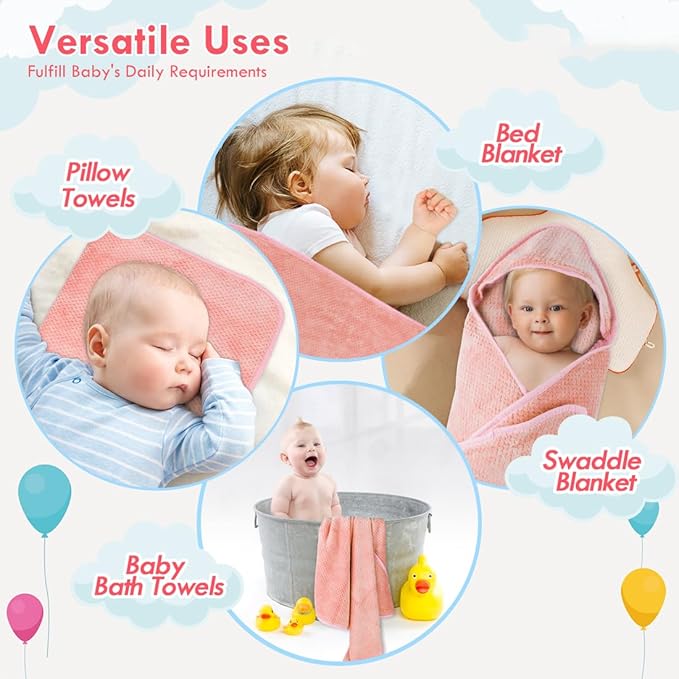 Orighty Baby Hooded Towel with Five Washcloths, 28 x 28 Inch Super Soft Bath Towel with Hood for Babies, Infant, Newborn Essential - Ideal Baby Stuff Registry for Boys and Girls (Pink)